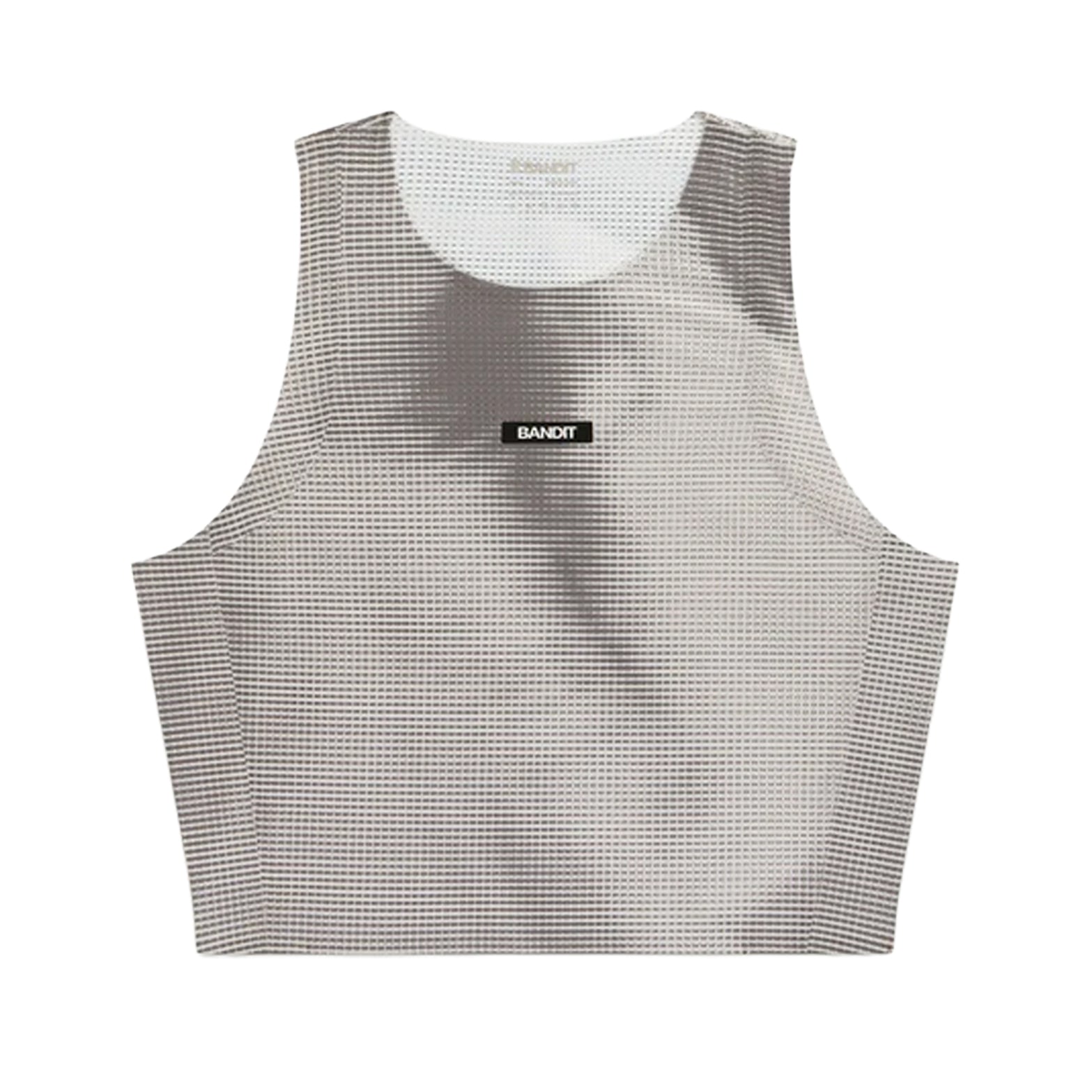 Women's Bandit GeoMesh Race Singlet Slate Plaster front product view showing GeoMesh performance knit with cropped hip-length design and bonded neckline finishing