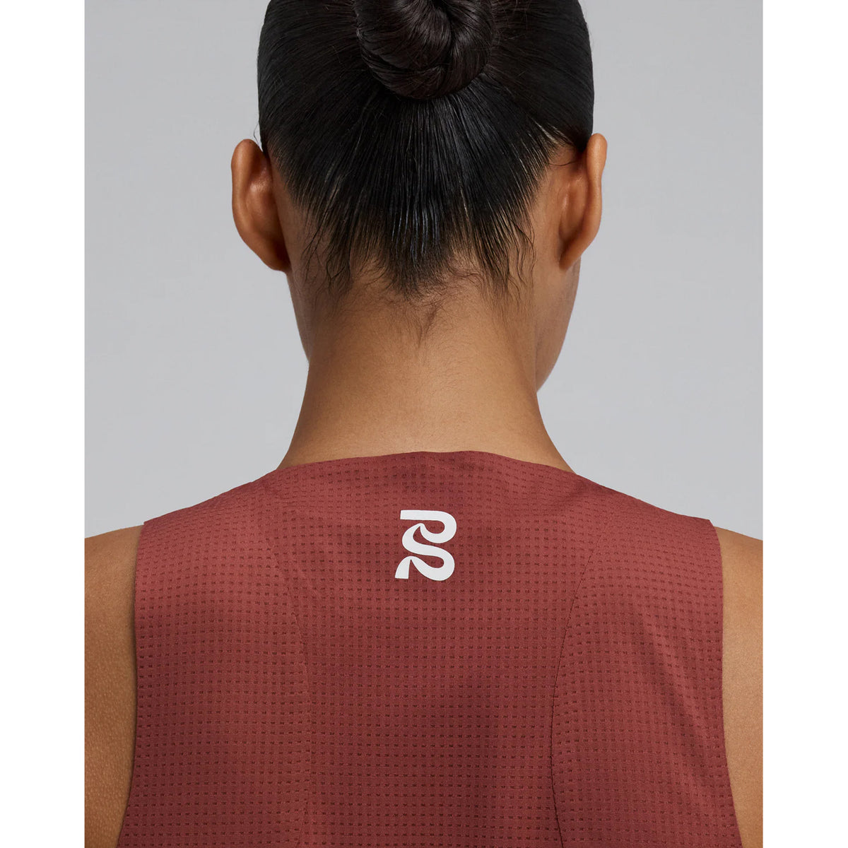Women's Bandit GeoMesh Race Singlet Mahogany close-up back showing bonded finishing at body seams for reduced chafing and maximum airflow construction