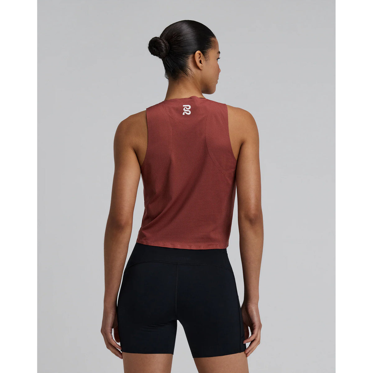 Women's Bandit GeoMesh Race Singlet Mahogany back view showing ultra-breathable construction with bonded body seams and cropped hip-length design