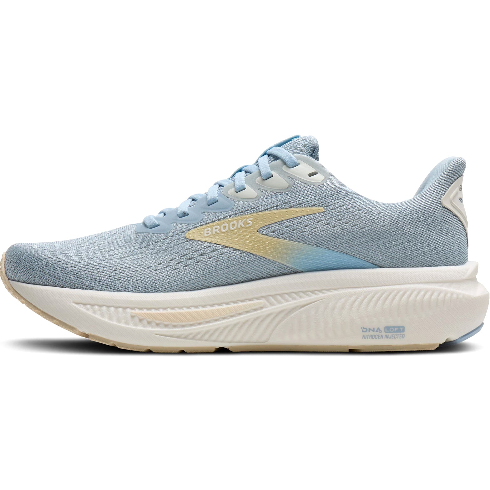 Women's Brooks Ghost 17 Running Shoes Skyway Coconut Sand inner side view showing updated midsole with flex grooves for smooth heel-to-toe transitions during road running