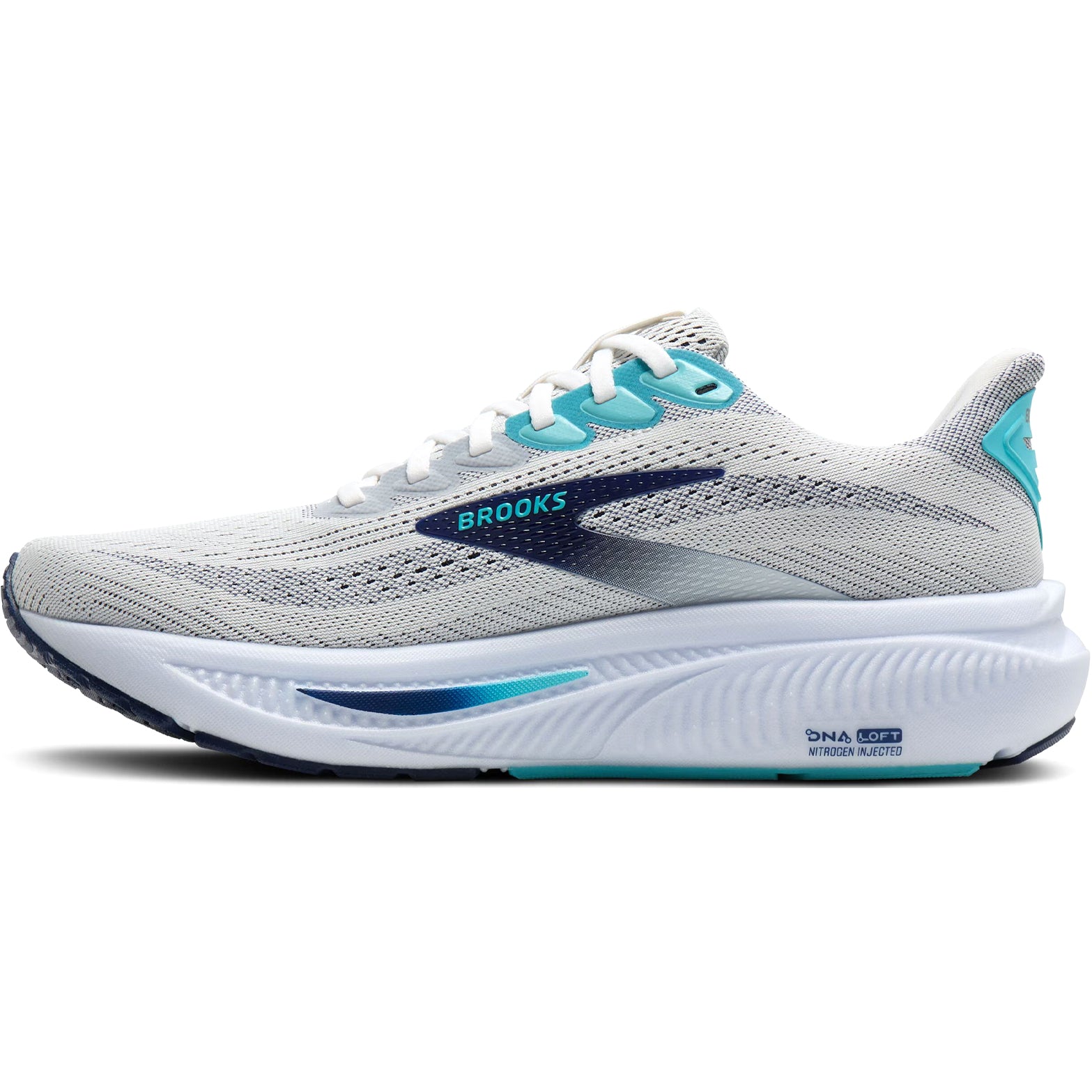 Men's Brooks Ghost 17 Running Shoes White Beacon Blue Ipanema inner side view showing updated midsole with flex grooves for smooth heel-to-toe transitions during road running
