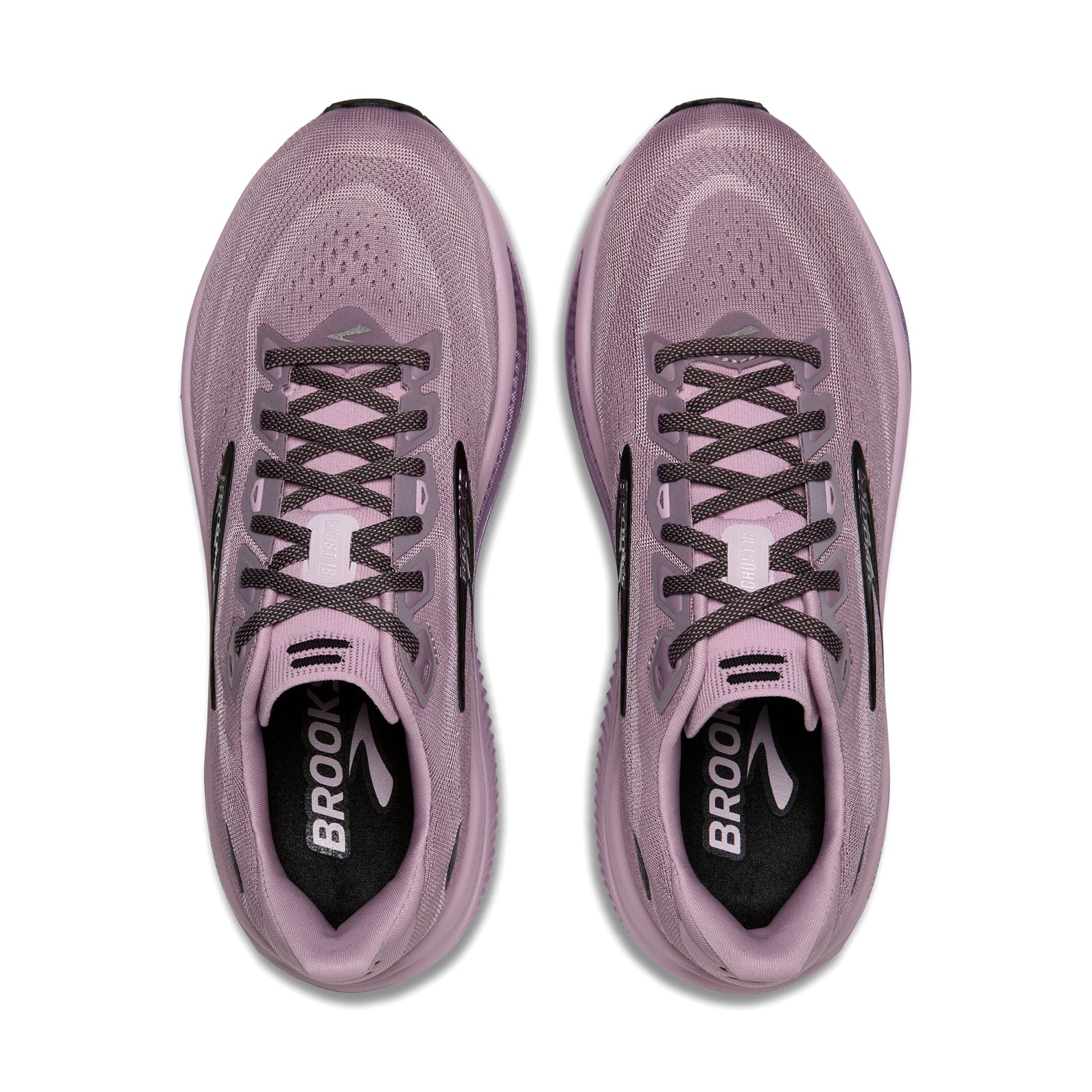 Brooks Ghost 18 women's running shoe in Elderberry / Black — top-down view showing elderberry engineered mesh upper construction, lace closure and black accent detailing