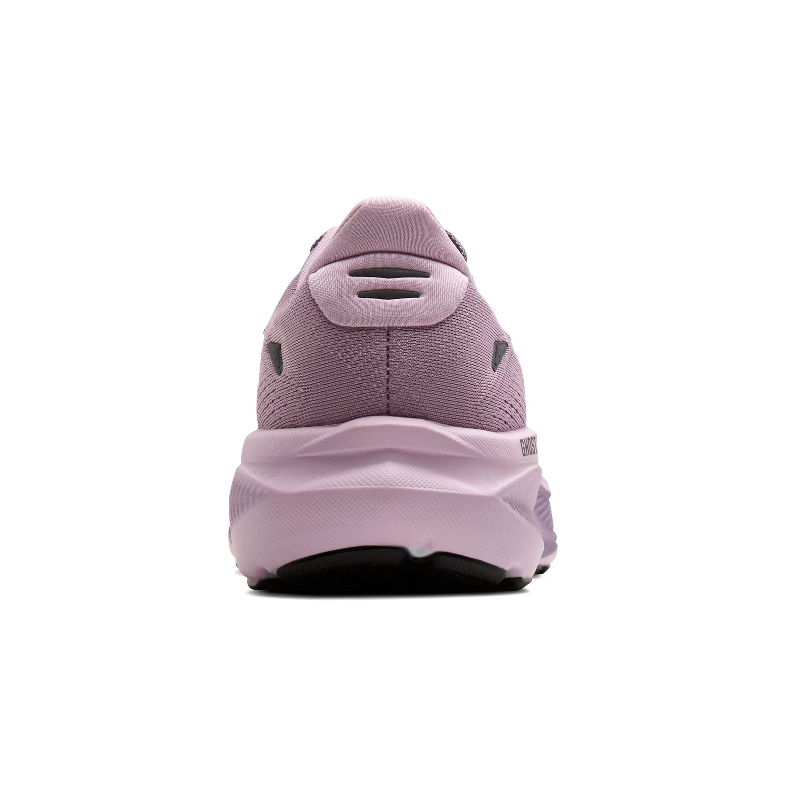Brooks Ghost 18 women's running shoe in Elderberry / Black — heel view showing structured support construction, black heel detailing and elderberry DNA LOFT v2 cushioning midsole contrast