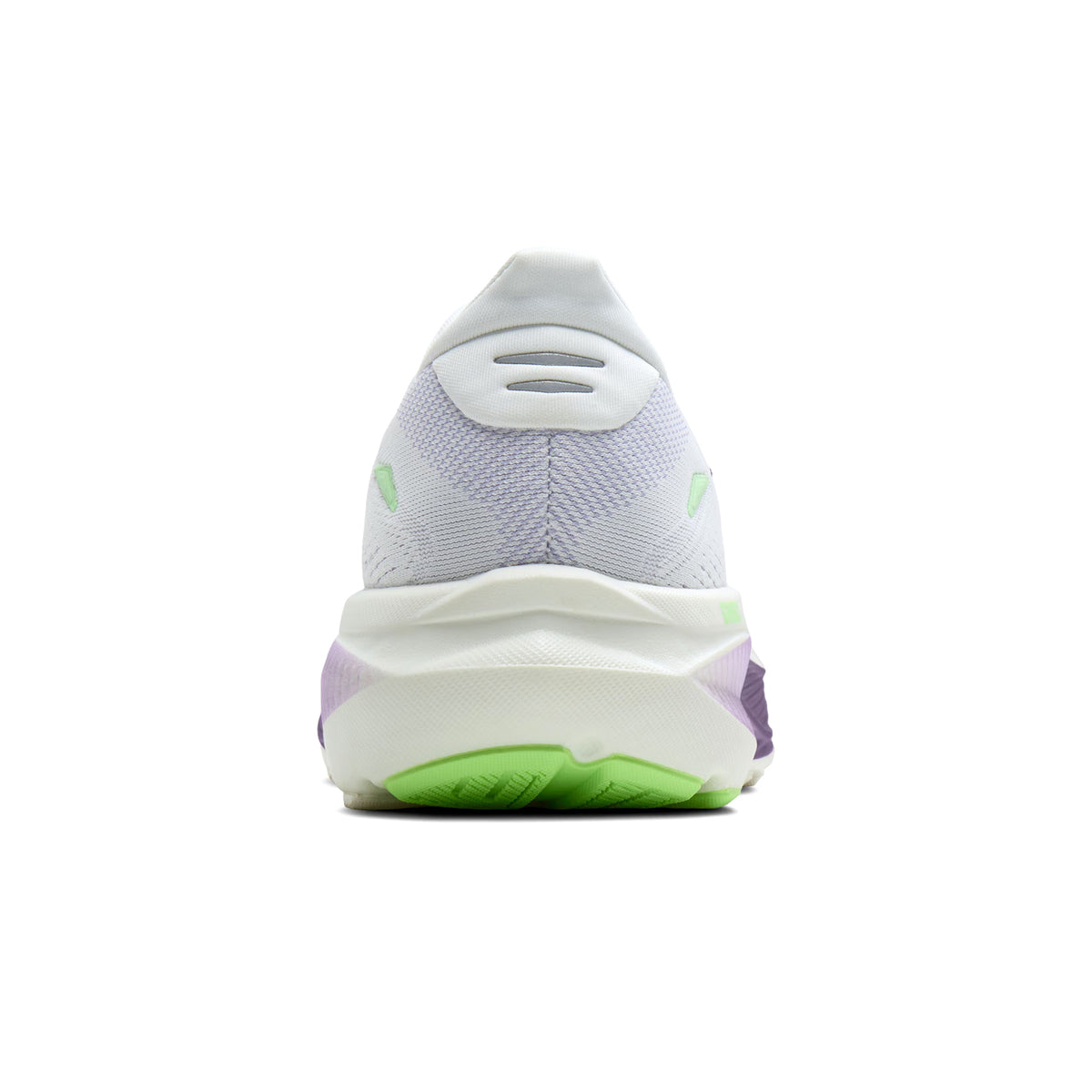 Brooks Ghost 18 women's running shoe in White / Purple Hebe / Green — heel view showing soft flat-knit tongue construction, reflective heel detailing and purple hebe DNA LOFT v3 foam midsole contrast
