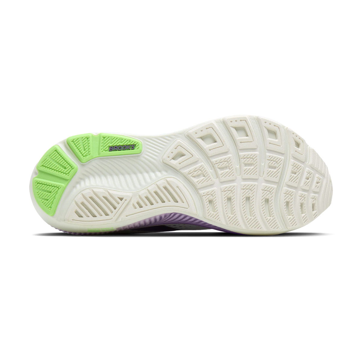Brooks Ghost 18 women's running shoe in White / Purple Hebe / Green — outsole view showing RoadTack rubber tread pattern with recycled silica and purple hebe DNA LOFT v3 foam midsole stack with segmented crash pad profile