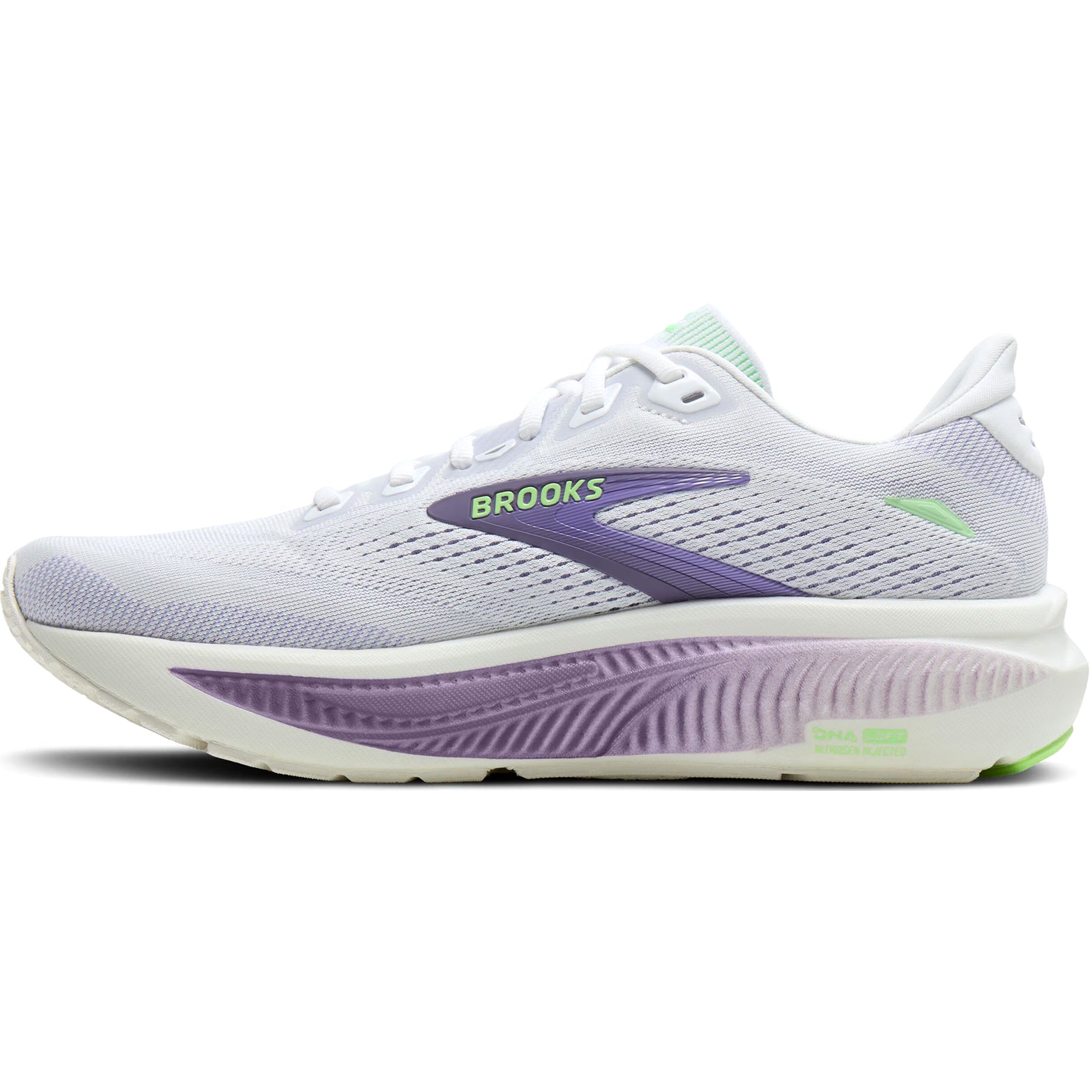 Brooks Ghost 18 women's running shoe in White / Purple Hebe / Green — inner view showing white engineered air mesh upper, soft flat-knit tongue, purple hebe midsole detailing and Ortholite X-60 sockliner construction