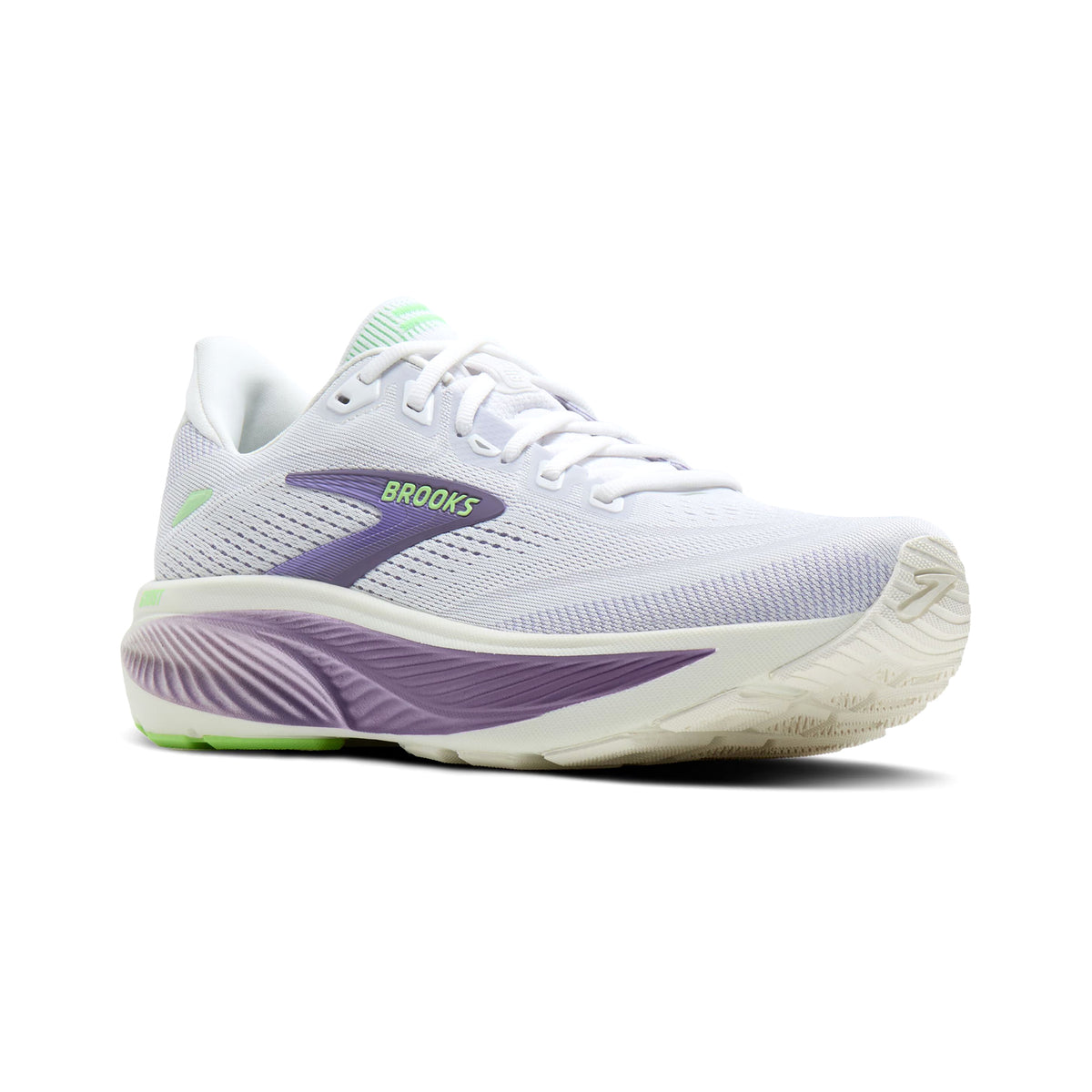 Brooks Ghost 18 women's running shoe in White / Purple Hebe / Green — angled side view showing white engineered air mesh upper, purple hebe and green accent detailing and DNA LOFT v3 foam midsole stack with 10mm drop profile
