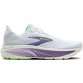 Brooks Ghost 18 women's running shoe in White / Purple Hebe / Green — outer view showing white engineered air mesh upper with purple hebe and green accent detailing and DNA LOFT v3 foam midsole profile