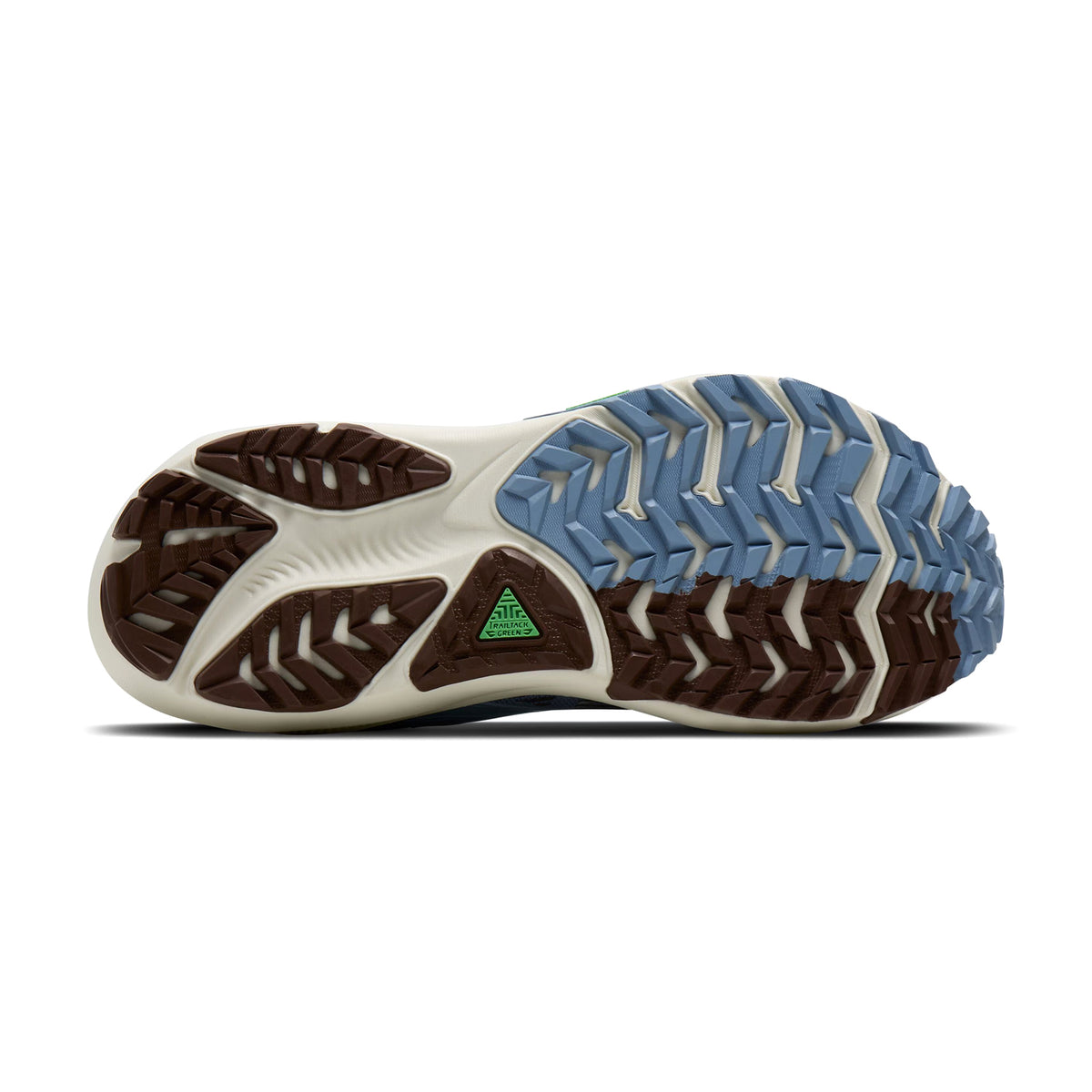 Women's Brooks Ghost Trail Running Shoes Blue Blue Brown sole view displaying TrailTack Green rubber outsole with 3mm lugs for reliable traction on wet and dry trail surfaces