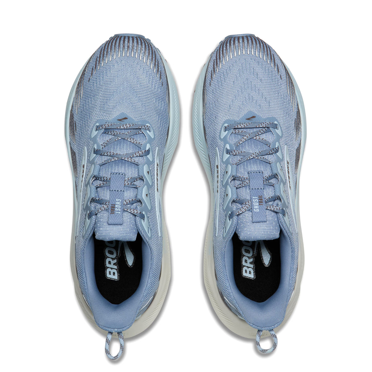 Women's Brooks Ghost Trail Running Shoes Blue Blue Brown top view showing soft breathable air mesh upper with 3D printed toe cap layer and mudguard for off-road protection