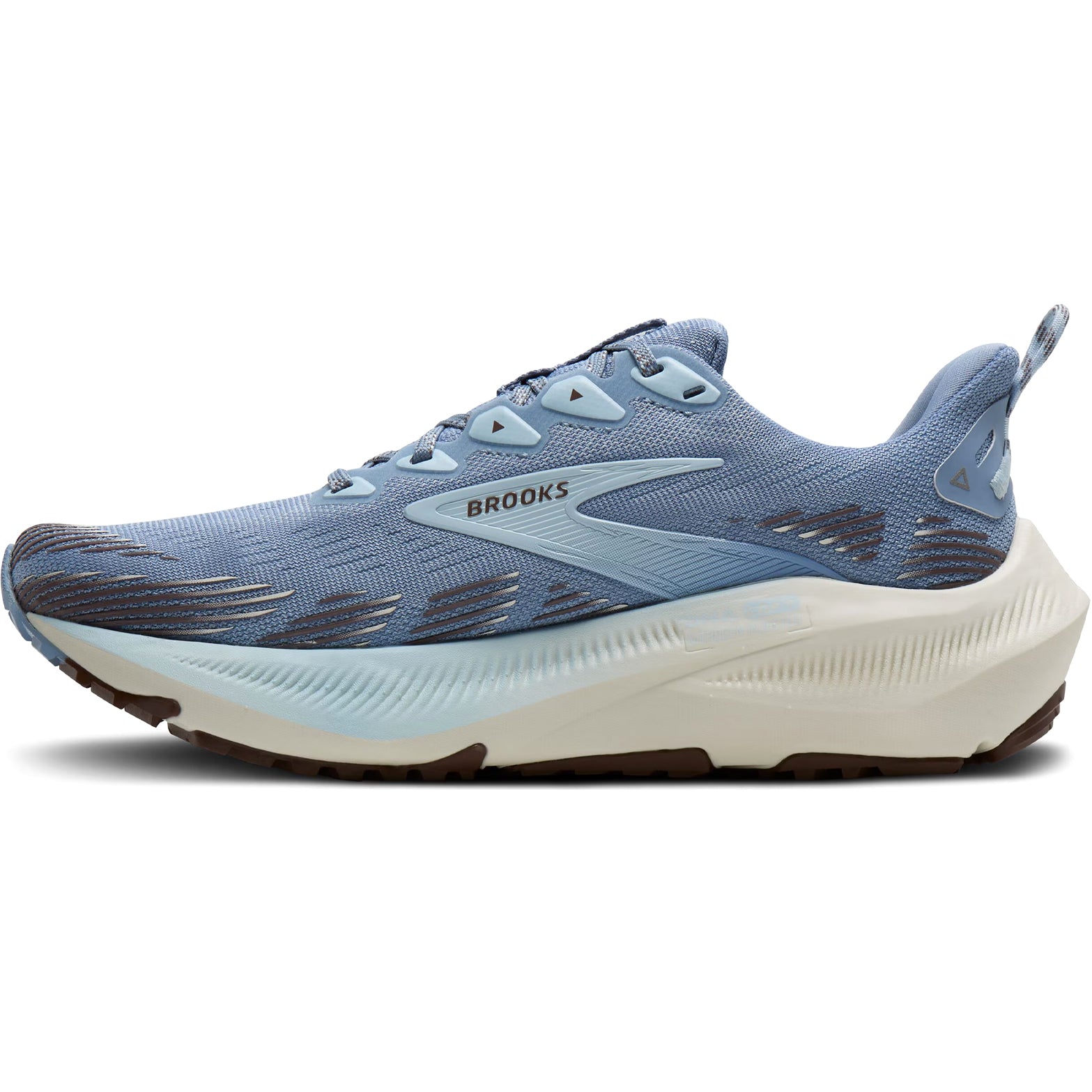 Women's Brooks Ghost Trail Running Shoes Blue Blue Brown inner side view showing nitrogen-infused Ghost cushioning with breathable air mesh upper for comfortable trail running