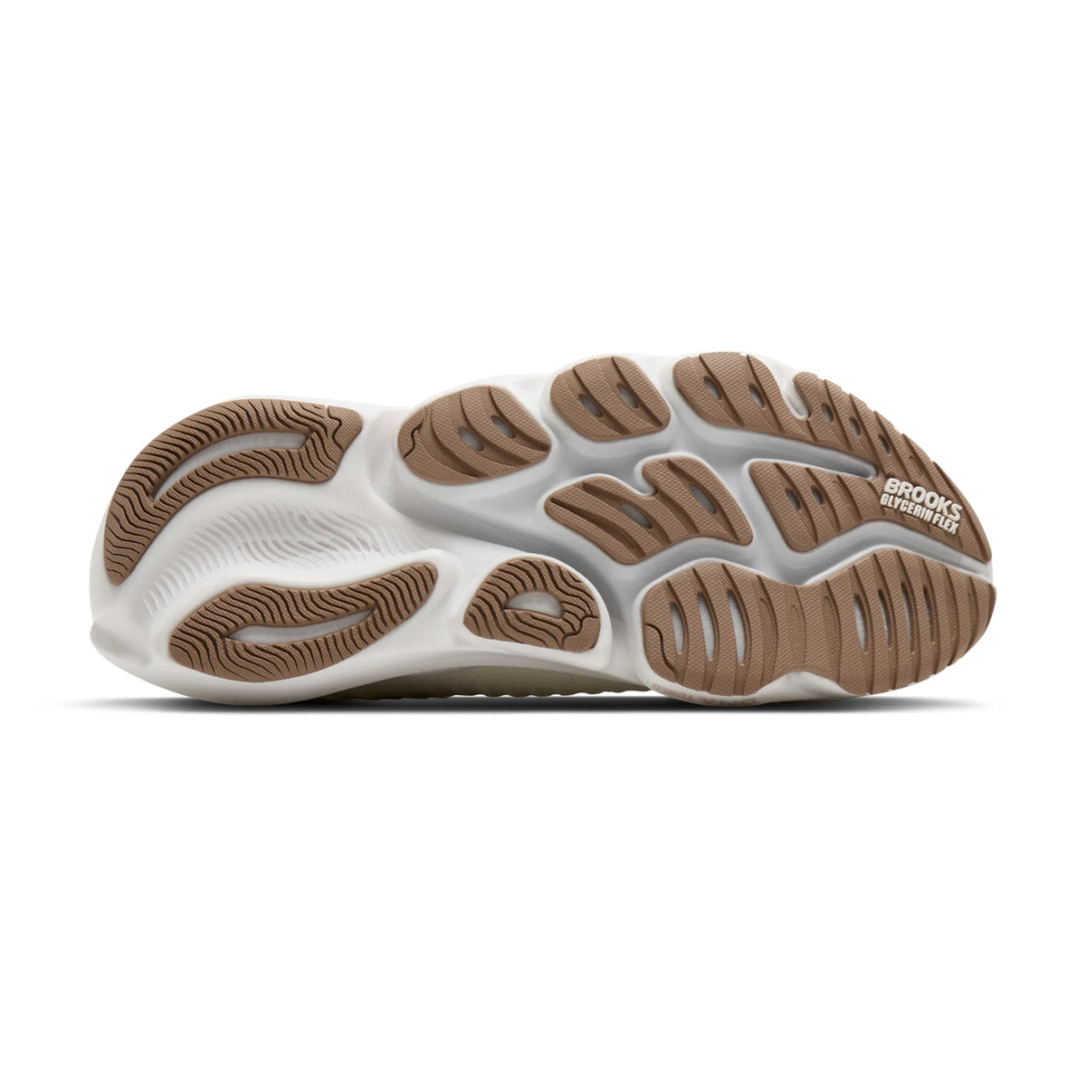 Brooks Women's Glycerin Flex Running Shoes Coconut Chateau Portabella sole view displaying flex grooves and strategic cutouts