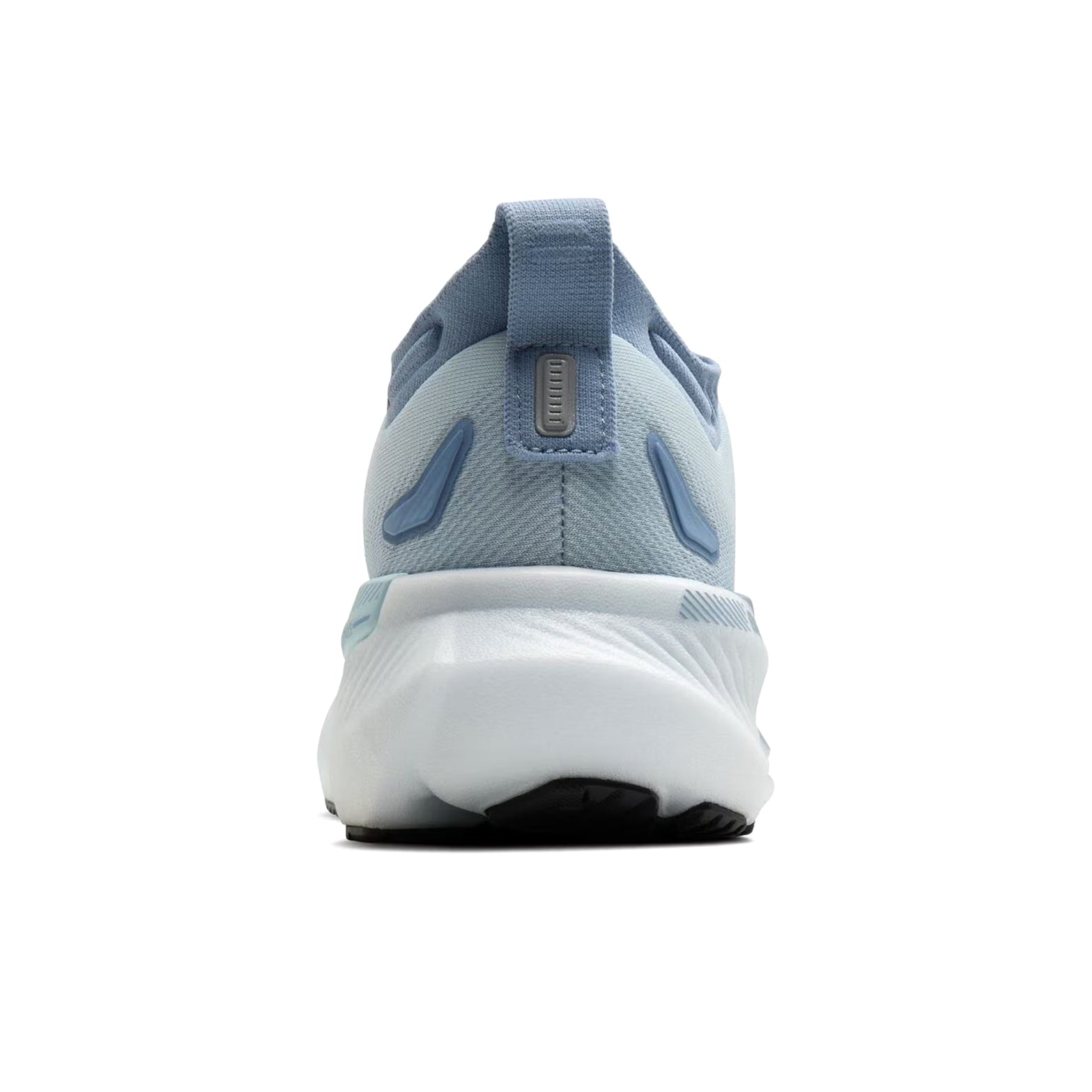 Brooks Glycerin GTS 23 women's running shoe in Nantucket Breeze / Rain / Clear — heel view showing plush padding and ankle collar construction, clear heel detailing and rain DNA TUNED foam midsole contrast