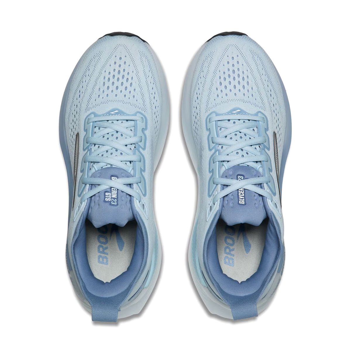 Brooks Glycerin GTS 23 women's running shoe in Nantucket Breeze / Rain / Clear — top-down view showing nantucket breeze triple jacquard warp knit upper construction, lace closure and clear accent detailing