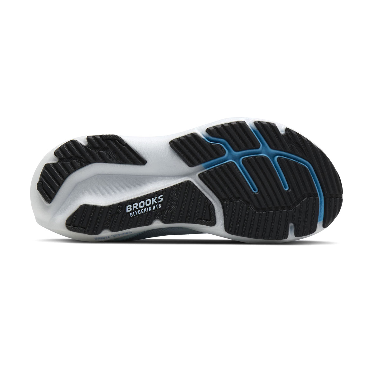 Brooks Glycerin GTS 23 women's running shoe in Nantucket Breeze / Rain / Clear — outsole view showing durable rubber tread pattern and rain DNA TUNED nitrogen-infused foam midsole stack with dual-cell technology profile