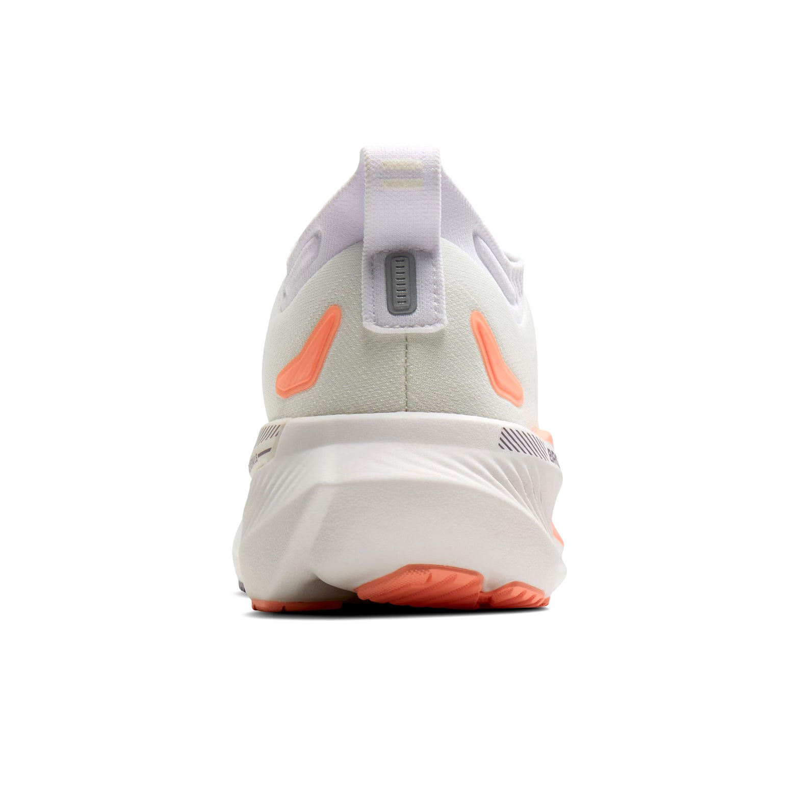 Brooks Glycerin GTS 23 women's running shoe in White / Mulled Grape / Clear — heel view showing plush padding and ankle collar construction, clear heel detailing and mulled grape DNA TUNED foam midsole contrast