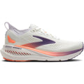 Brooks Glycerin GTS 23 women's running shoe in White / Mulled Grape / Clear — outer view showing white triple jacquard warp knit upper with mulled grape and clear accent detailing and DNA TUNED foam midsole profile
