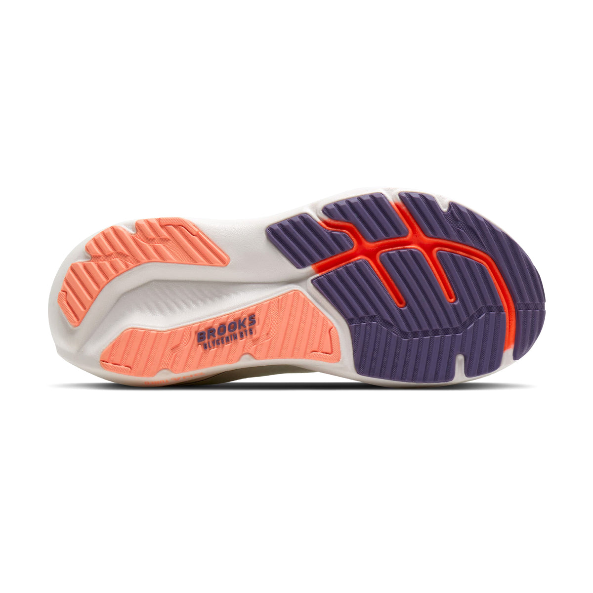 Brooks Glycerin GTS 23 women's running shoe in White / Mulled Grape / Clear — outsole view showing durable rubber tread pattern and mulled grape DNA TUNED nitrogen-infused foam midsole stack with dual-cell technology profile