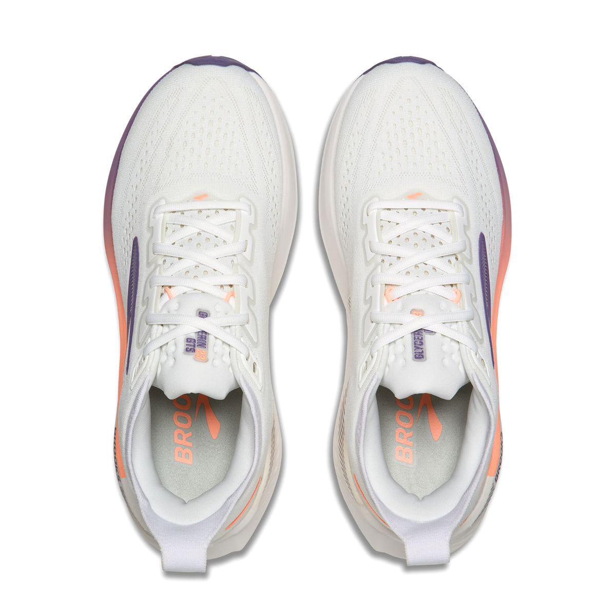 Brooks Glycerin GTS 23 women's running shoe in White / Mulled Grape / Clear — top-down view showing white triple jacquard warp knit upper construction, lace closure and clear accent detailing