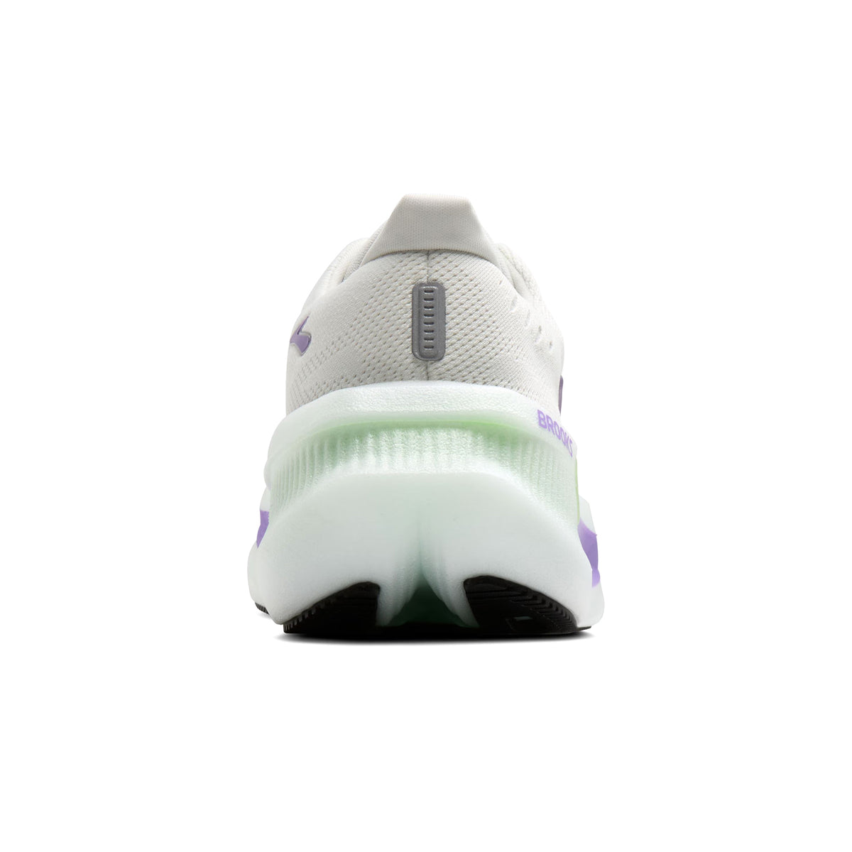 Brooks Glycerin Max 2 women's running shoe in Bluewash / Purple Hebe / Green — heel view showing maximum cushioning construction, green heel detailing and purple hebe nitrogen-infused DNA TUNED foam midsole contrast with large dual-cell heel cushioning
