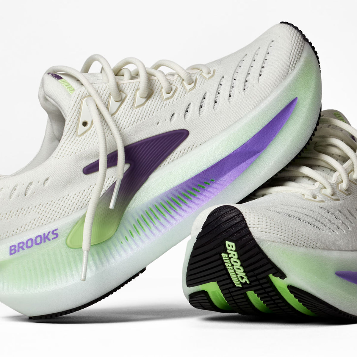 Brooks Glycerin Max 2 women's running shoe in Bluewash / Purple Hebe / Green — angled side view showing bluewash engineered mesh upper, GlideRoll™ Rocker toe spring geometry and purple hebe nitrogen-infused DNA TUNED maximum stack height midsole