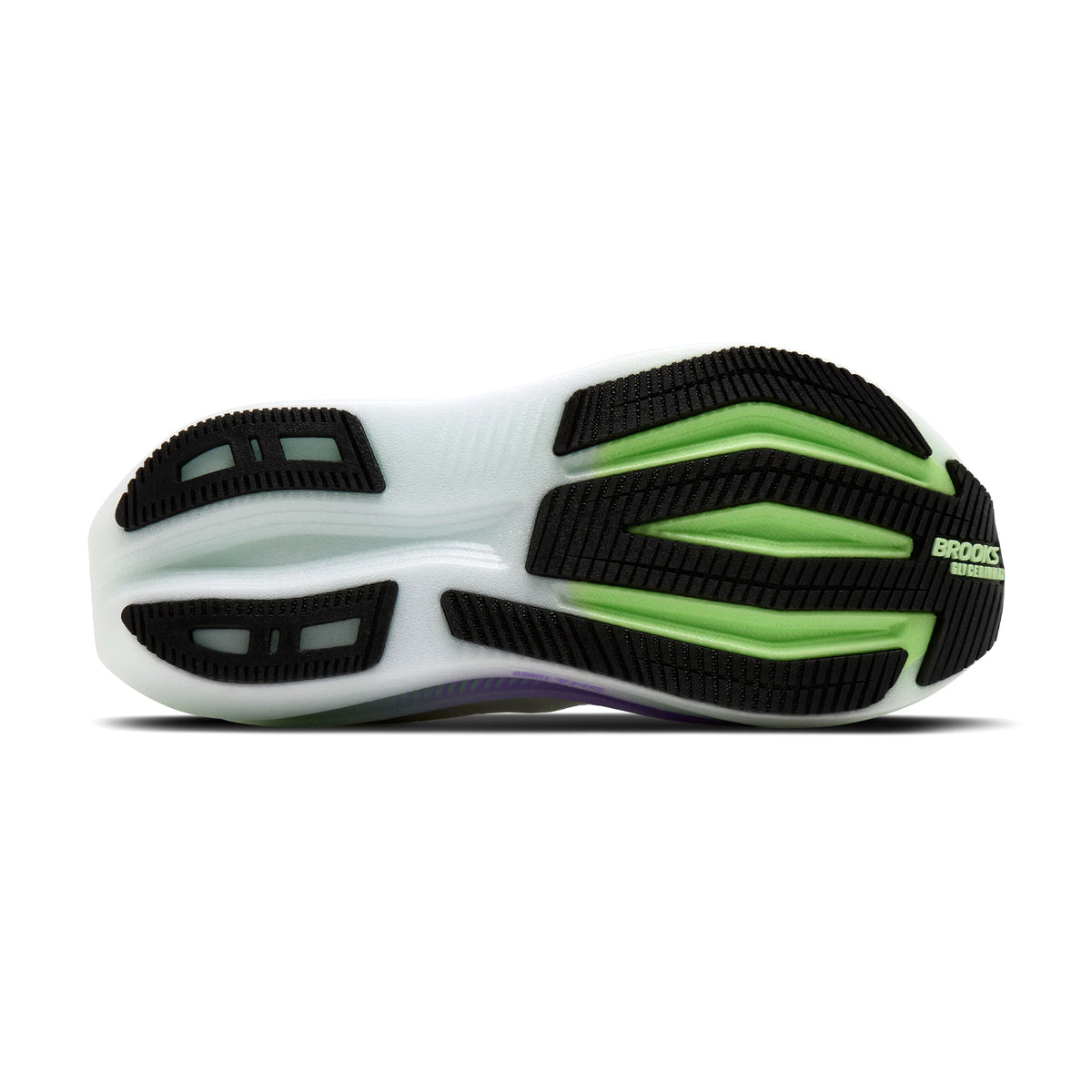 Brooks Glycerin Max 2 women's running shoe in Bluewash / Purple Hebe / Green — outsole view showing GlideRoll™ Rocker sculpted geometry and purple hebe nitrogen-infused DNA TUNED foam maximum stack height profile