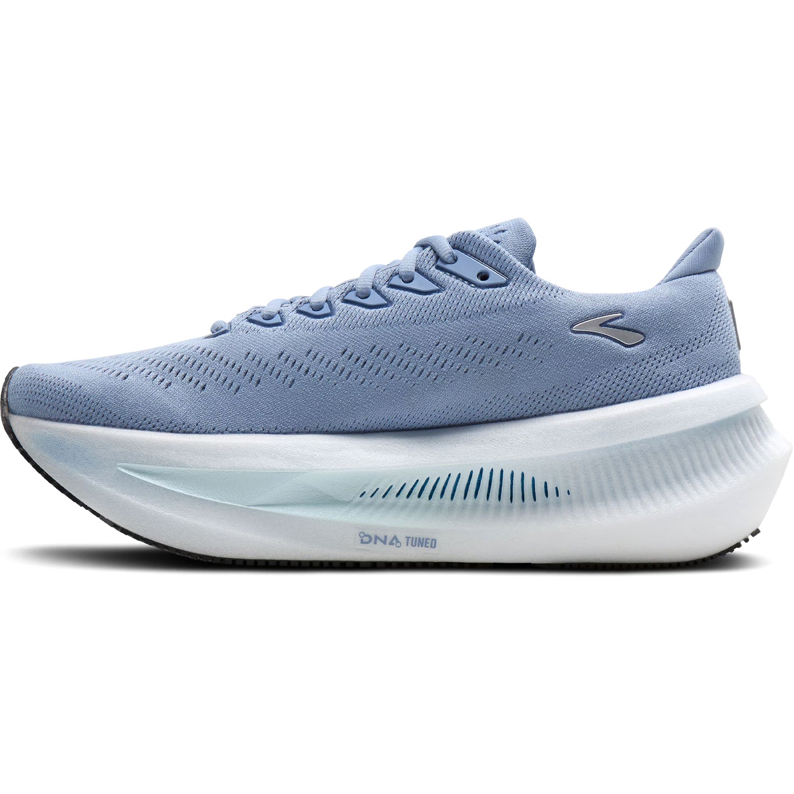 Brooks Glycerin Max 2 women's running shoe in Nantucket Breeze / Chrome / Blue — inner view showing nantucket breeze engineered mesh upper, chrome midsole detailing, GlideRoll™ Rocker geometry and nitrogen-infused DNA TUNED dual-cell foam construction