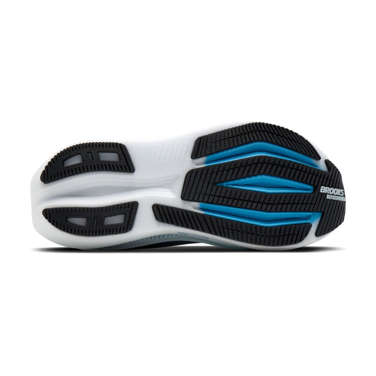 Brooks Glycerin Max 2 women's running shoe in Nantucket Breeze / Chrome / Blue — outsole view showing GlideRoll™ Rocker sculpted geometry and chrome nitrogen-infused DNA TUNED foam maximum stack height profile