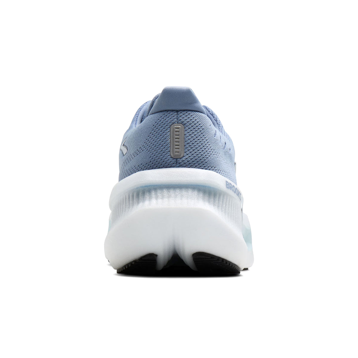 Brooks Glycerin Max 2 women's running shoe in Nantucket Breeze / Chrome / Blue — heel view showing maximum cushioning construction, blue heel detailing and chrome nitrogen-infused DNA TUNED foam midsole contrast with large dual-cell heel cushioning