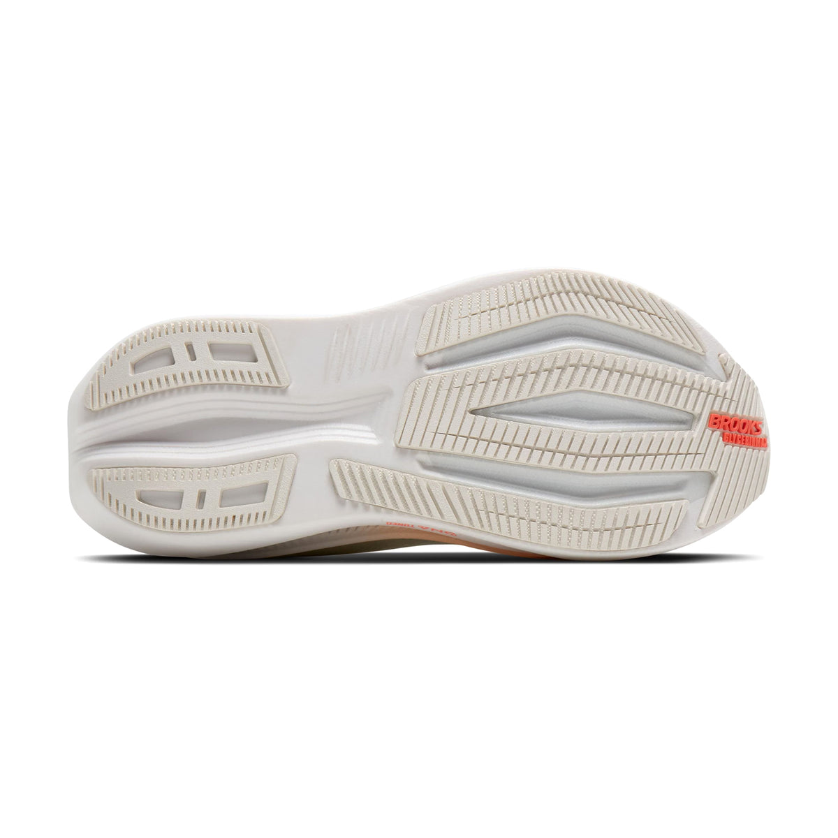 Women's Brooks Glycerin Max 2 Running Shoes White Orange sole view displaying GlideRoll Rocker geometry with sculpted bevel and toe spring