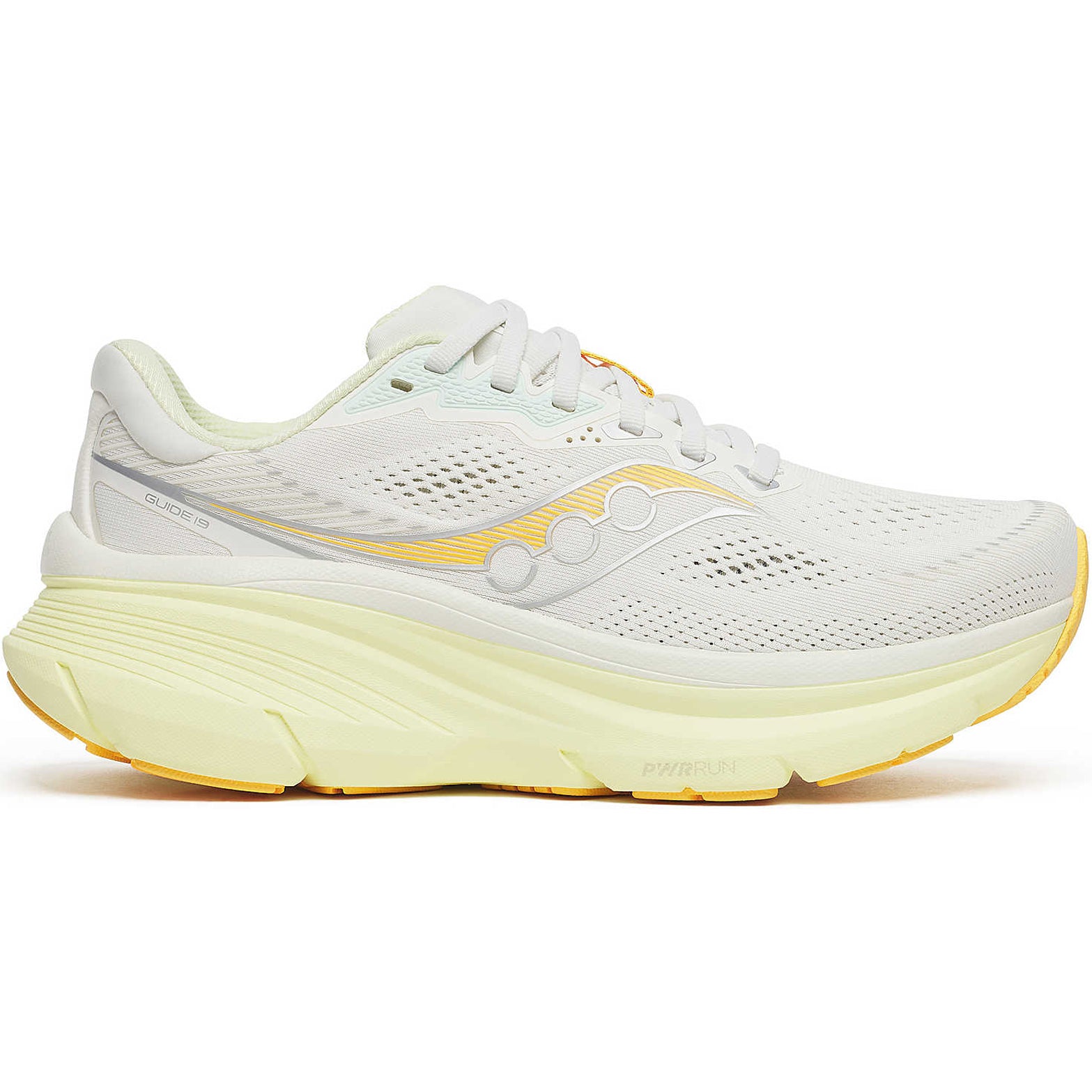 Women's Saucony Guide 19 Running Shoes Ivory Tender outer side view showing softer PWRRUN cushioning midsole and CenterPath Technology sidewalls