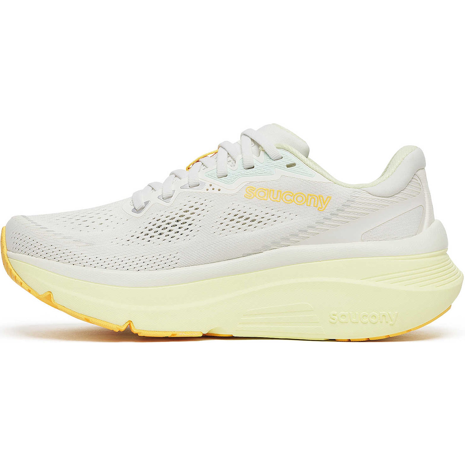 Women's Saucony Guide 19 Running Shoes Ivory Tender inner side view showing PWRRUN foam cushioning and CenterPath balanced support geometry