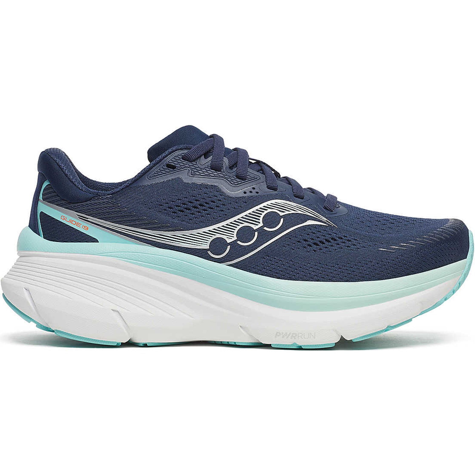 Women's Saucony Guide 19 Running Shoes Navy Aqua outer side view showing softer PWRRUN cushioning midsole and CenterPath Technology sidewalls