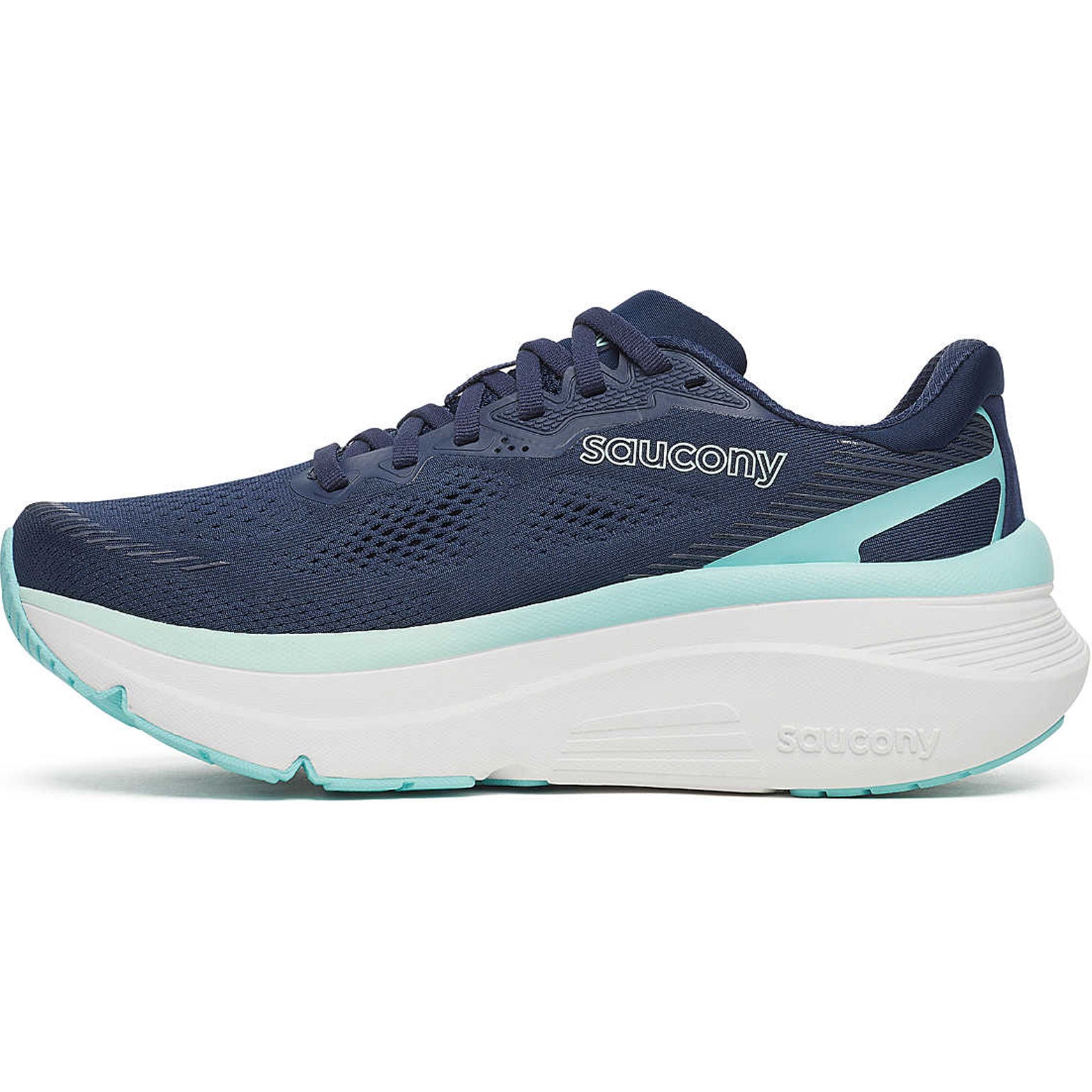 Women's Saucony Guide 19 Running Shoes Navy Aqua inner side view showing PWRRUN foam cushioning and CenterPath balanced support geometry