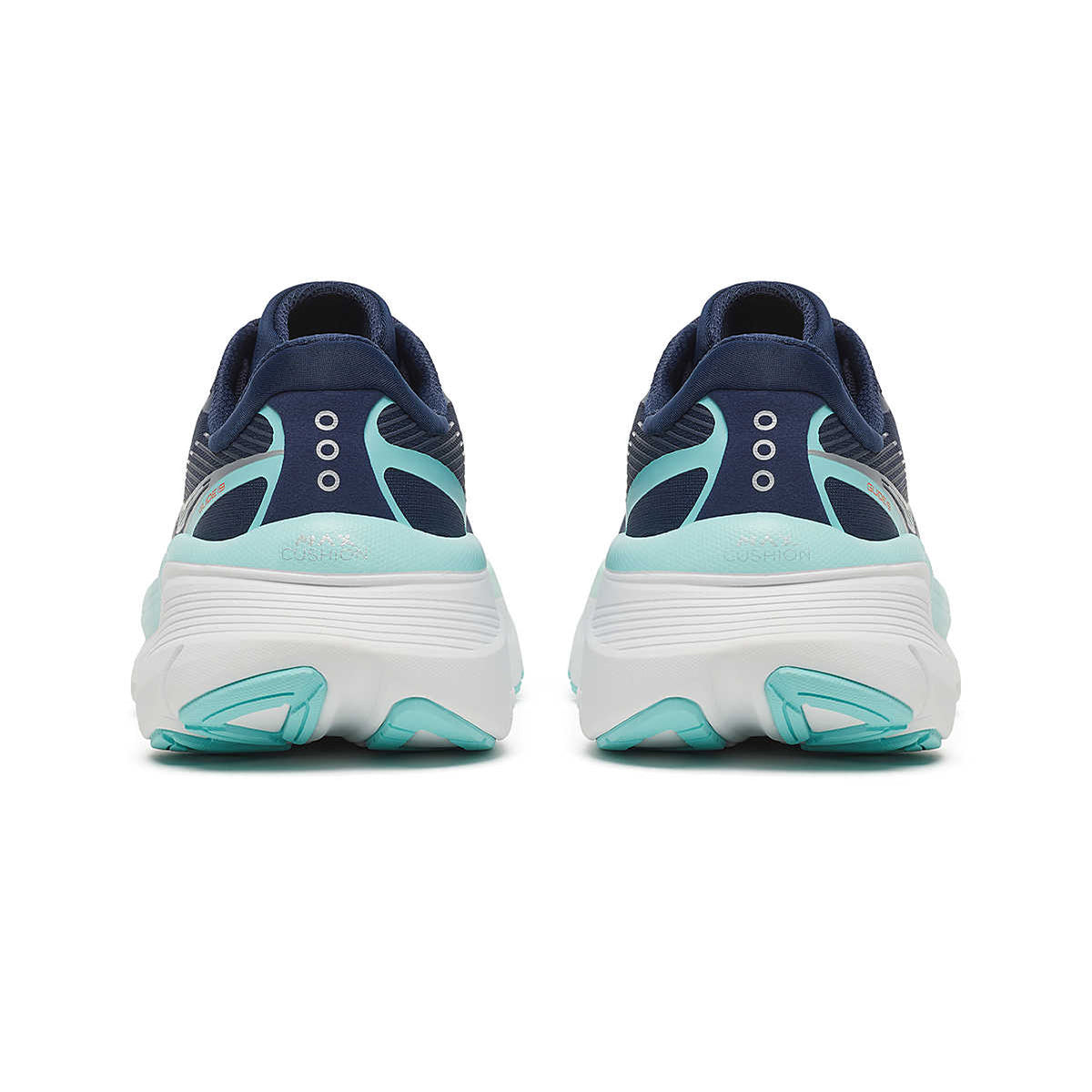 Women's Saucony Guide 19 Running Shoes Navy Aqua heel view showing maximum PWRRUN cushioning stack and CenterPath Technology support