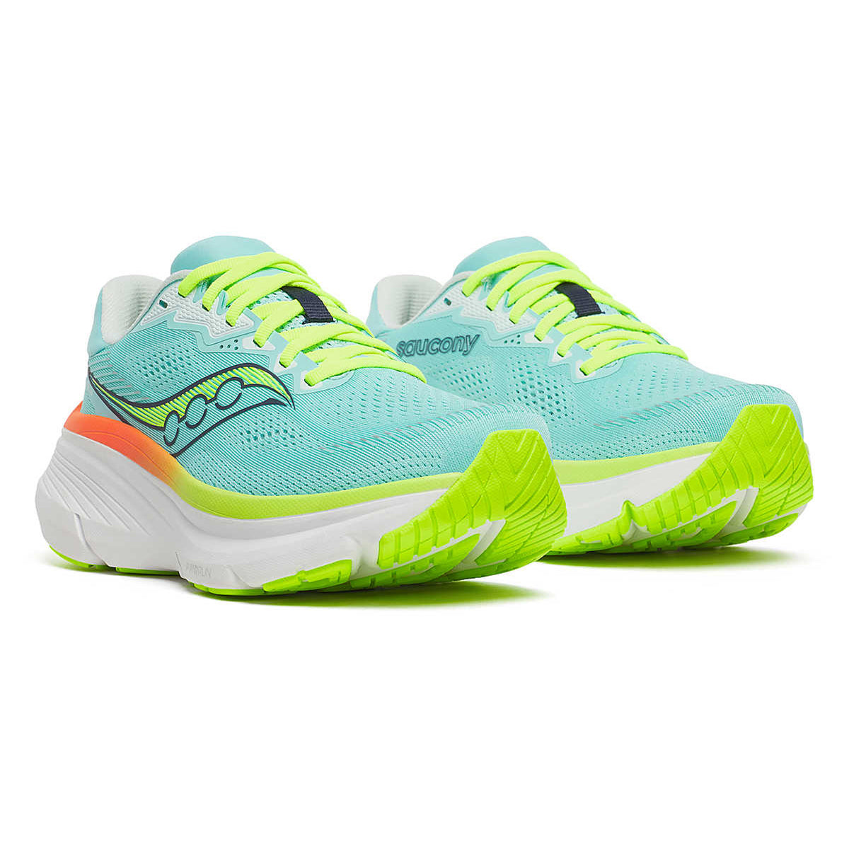 Women's Saucony Guide 19 Running Shoes Splash Citron pair angled side view showing softer PWRRUN cushioning, CenterPath guided support and adaptive mesh upper