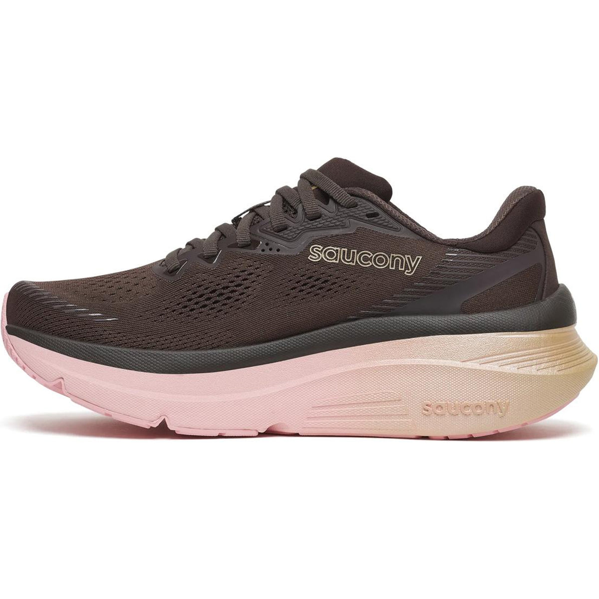 The Saucony Women’s Guide 19 Running Shoes in Torte/Aureate feature a dark brown mesh upper and a thick, gradient sole that transitions from light pink at the front to beige at the back. Designed for guided support and maximum comfort, these running shoes prominently display the Saucony logo on the side.