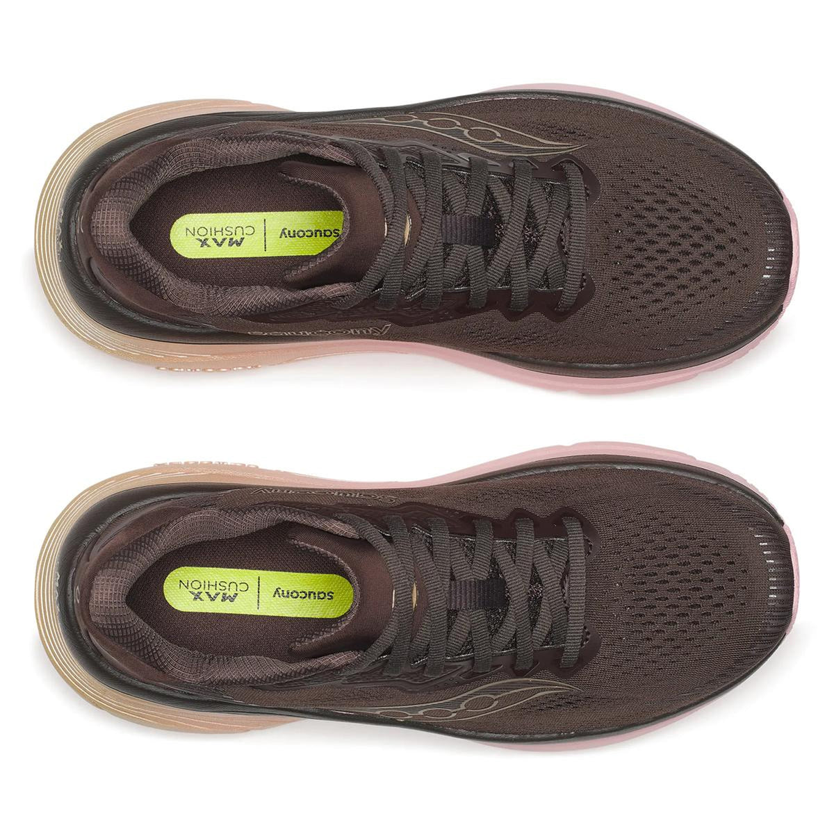 Top view of a pair of Saucony Women’s Guide 19 Running Shoes in Torte/Aureate, featuring dark brown uppers, pink soles, and yellow insoles labeled “Saucony MAX CUSHION,” offering guided support and arranged parallel to each other on a white background.