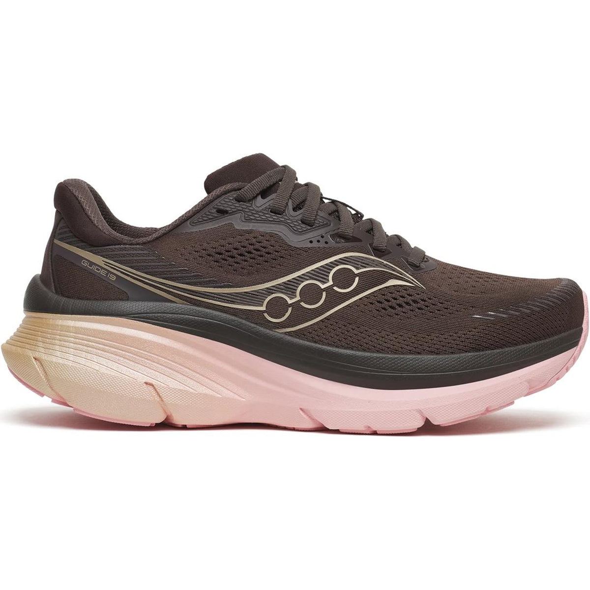 Featuring a brown (Torte) and pink (Aureate) color scheme with black laces, a thick cushioned sole, and a wavy side design, the Saucony Women’s Guide 19 Running Shoes provide guided support for runners looking for maximum cushioning.