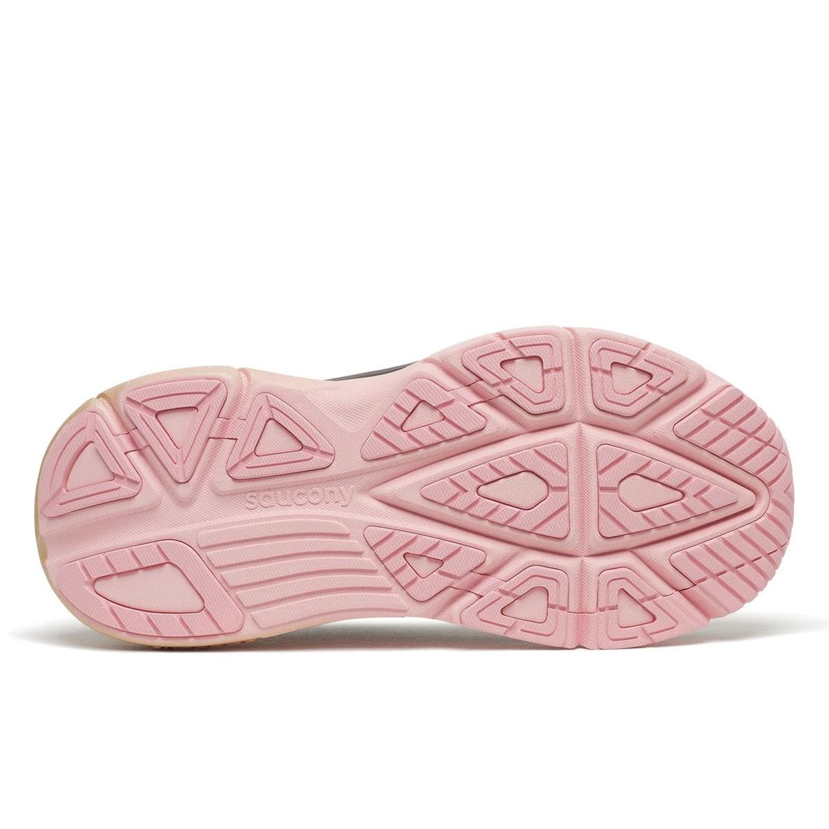 The image shows the Torte/Aureate rubber sole of the Saucony Women’s Guide 19 Running Shoes, featuring geometric tread patterns for traction and guided support commonly found in maximum cushioning running shoes.