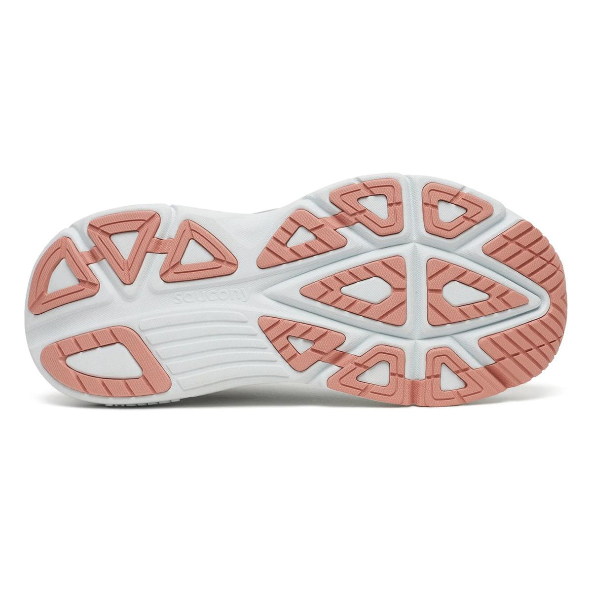 The image shows the sole of a white sneaker with light pink rubber treads in geometric patterns, providing grip and traction—a signature feature of maximum cushioning running shoes like the Women’s Guide 19 Running Shoes Verde, designed for guided support on every run.