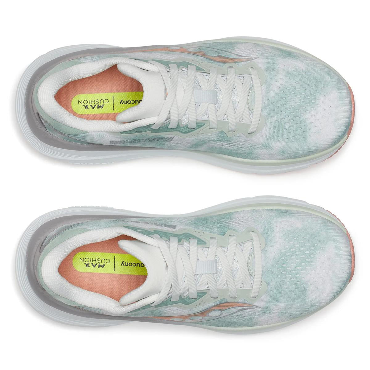 Top view of the Women’s Guide 19 Running Shoes Verde—a pair of mint green and white running shoes featuring white laces, yellow insoles labeled MAX CUSHION, and light peach interior accents. These maximum cushioning shoes deliver comfort and support every step of the way.