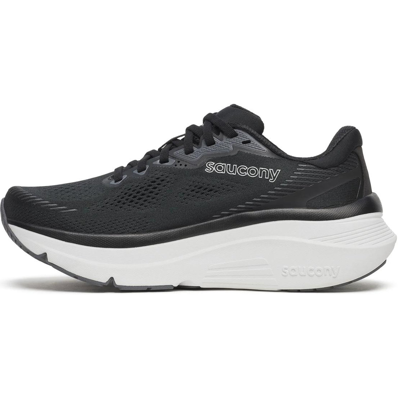 Saucony Guide 19 Wide Fit women's running shoe in Black / Silver — inner view showing black flexible mesh upper, silver midsole detailing and CenterPath Technology sidewall construction