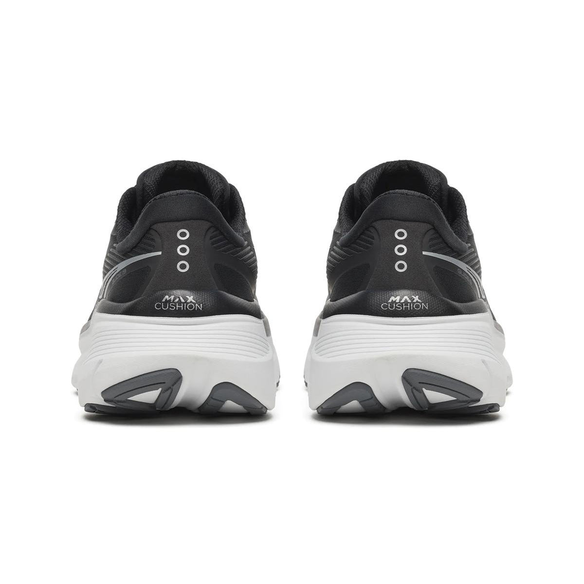 Saucony Guide 19 Wide Fit women's running shoe in Black / Silver — heel view showing CenterPath Technology sidewall construction, padded collar and silver PWRRUN cushioning midsole contrast