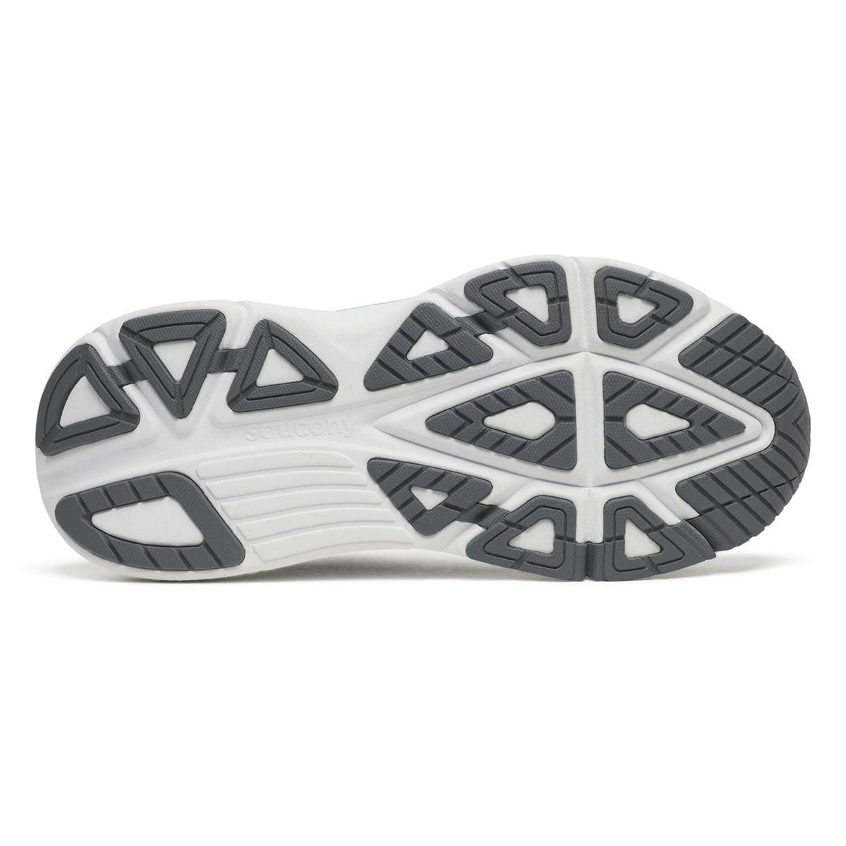 Saucony Guide 19 Wide Fit women's running shoe in Black / Silver — outsole view showing rubber tread pattern with enhanced forefoot flexibility zones and silver PWRRUN cushioning midsole stack