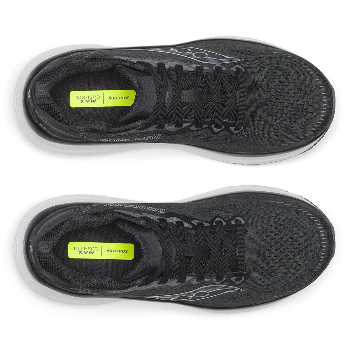 Saucony Guide 19 Wide Fit women's running shoe in Black / Silver — top-down view showing black adaptive mesh upper construction, wide fit silhouette and lace closure with silver detailing