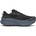 The Saucony Women’s Guide TR GTX Black / Gunmetal is a trail runner with a thick sole, mesh upper, and GORE-TEX waterproofing for max cushion stability, shown in side view on white.