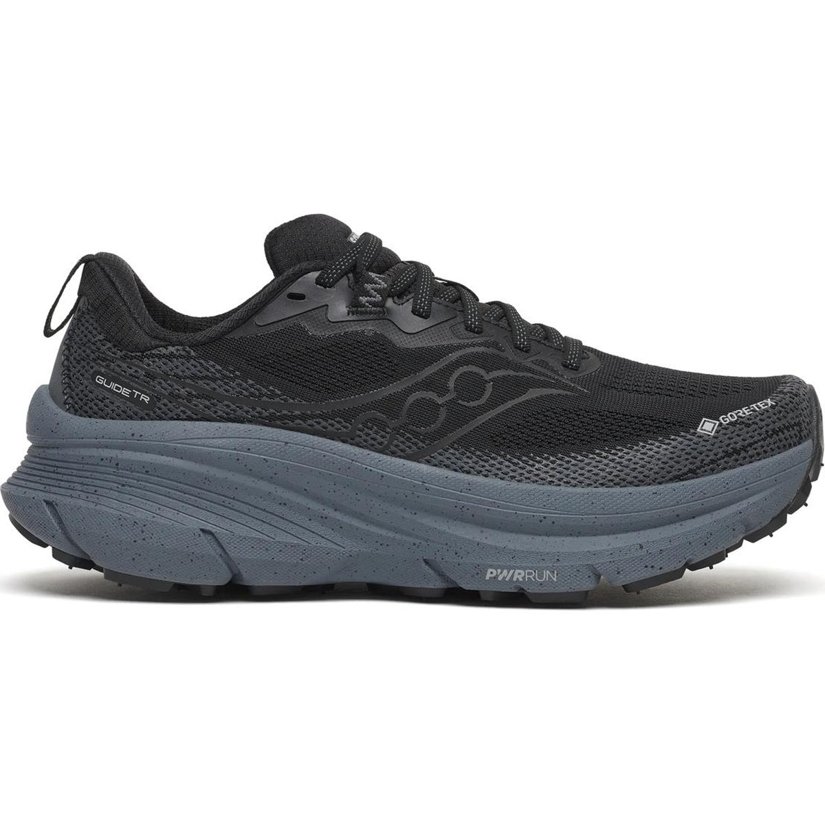 The Saucony Women’s Guide TR GTX Black / Gunmetal is a trail runner with a thick sole, mesh upper, and GORE-TEX waterproofing for max cushion stability, shown in side view on white.