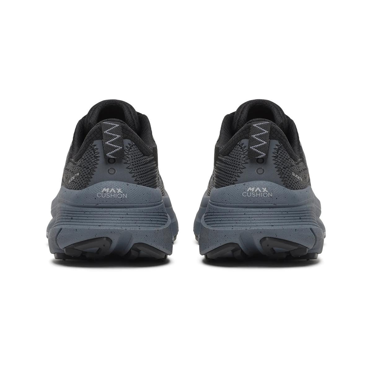 Women’s Guide TR GTX Black / Gunmetal by Saucony, shown from the back, features MAX CUSHION on the heels, textured soles, mesh uppers, and max cushion stability for comfort.