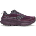 The Saucony Women’s Guide TR GTX Eggplant is a maroon and gray trail runner with a mesh upper, max cushion stability, lace-up closure, textured outsole grip, and signature side logo for style.